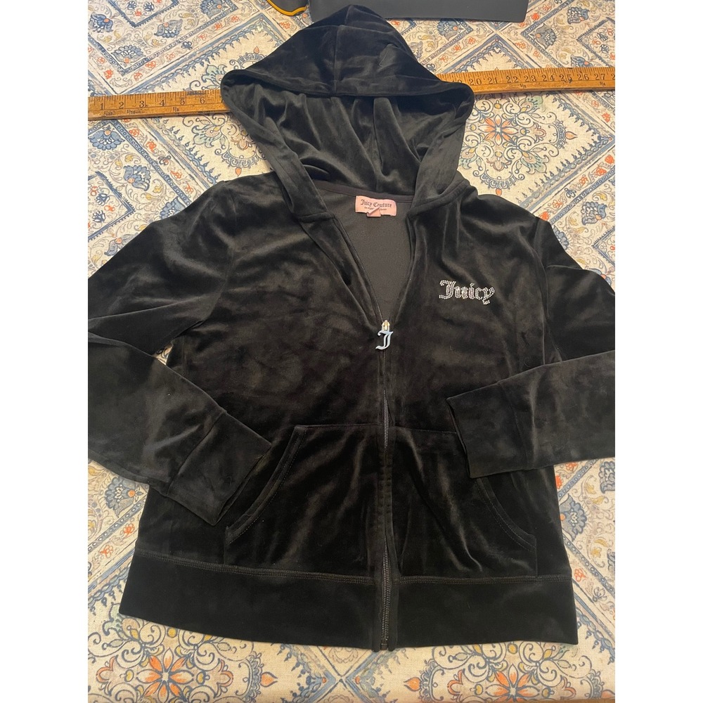 Juicy Couture Black Velour Zip Up Hoodie Rhinestone Logo J Pull Womens Medium